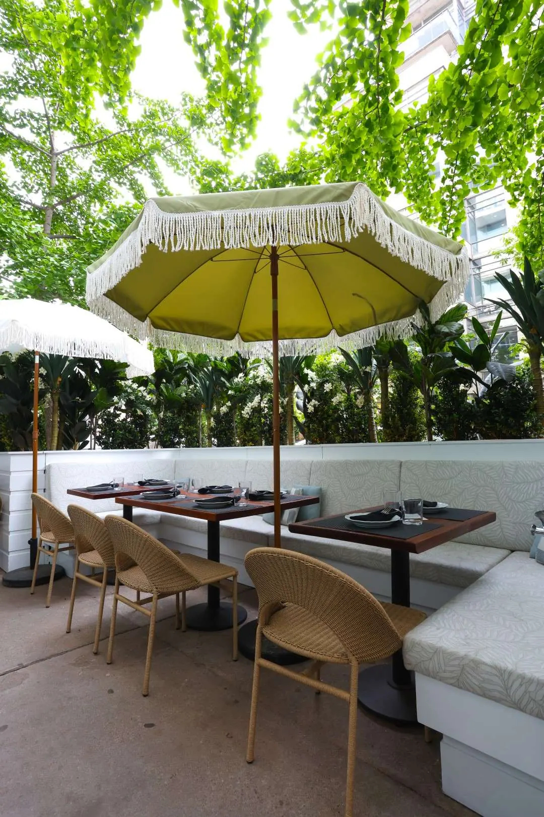 Garden patio with fringed umbrellas and greenery
