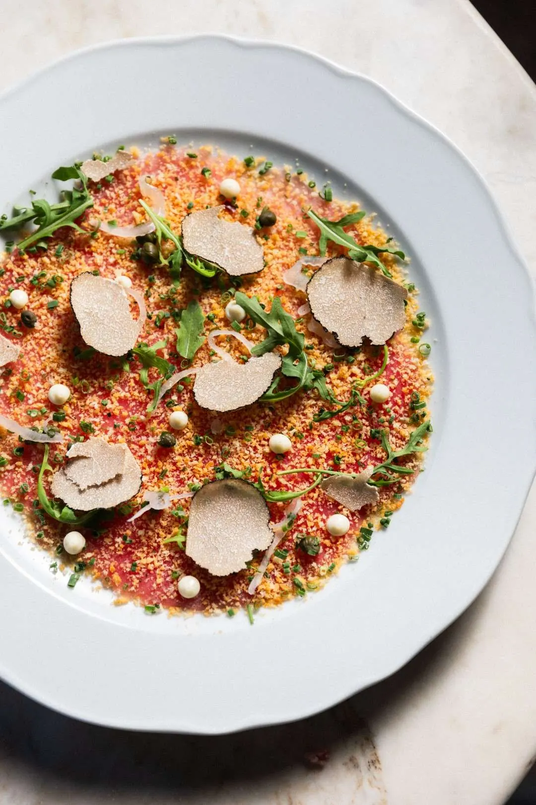 Tuna tartare with puffed wild rice and shaved truffle